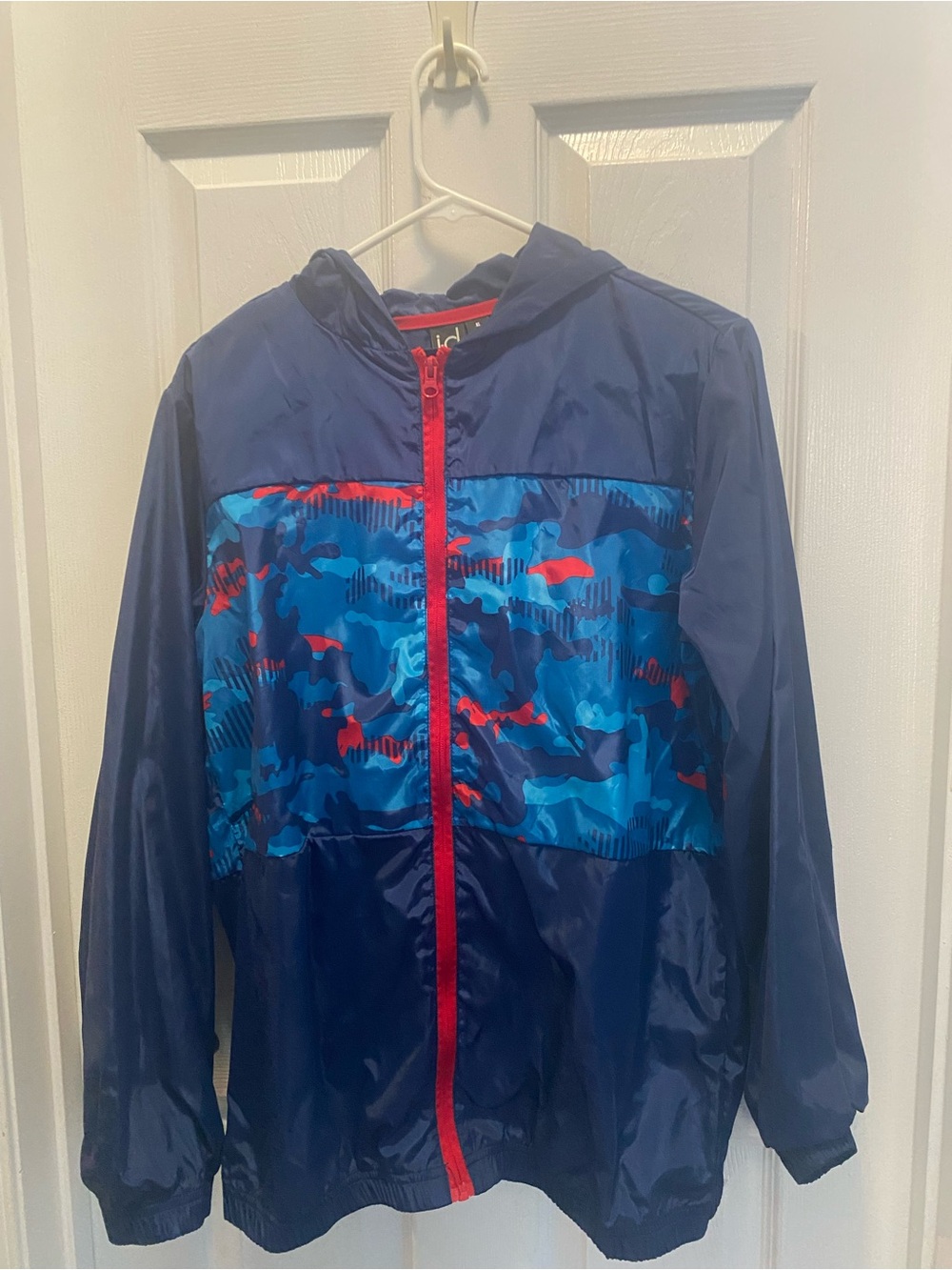 Ideology Navy Blue Hooded kids Raincoat with Blue Camo Panel and Red Zipper